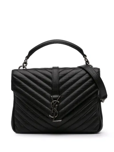 Pre-owned Saint Laurent 2016 Medium Monogram Chevron Sheepskin College Bag Satchel In Black