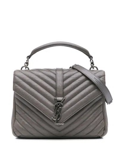 Pre-owned Saint Laurent 2016 Medium Monogram Chevron Sheepskin College Bag Satchel In Grey
