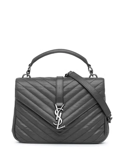 Pre-owned Saint Laurent 2016 Medium Monogram Chevron Sheepskin College Bag Satchel In Grey