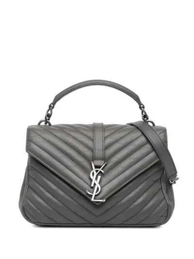 Pre-owned Saint Laurent 2016 Medium Monogram Chevron Sheepskin College Satchel In Grey