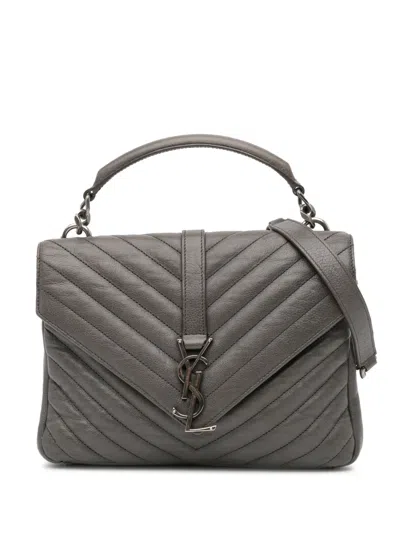 Pre-owned Saint Laurent 2016 Medium Monogram Chevron Sheepskin College Satchel In Grey