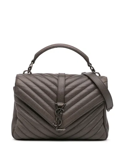 Pre-owned Saint Laurent 2016 Medium Monogram Chevron Sheepskin College Satchel In Grey