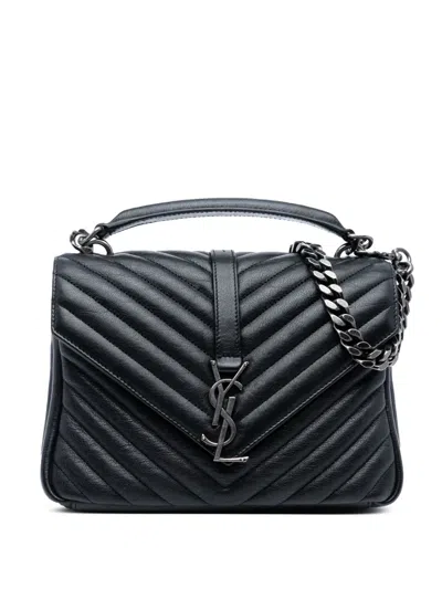Pre-owned Saint Laurent 2016 Medium Quilted Chevron Sheepskin College Satchel In Black