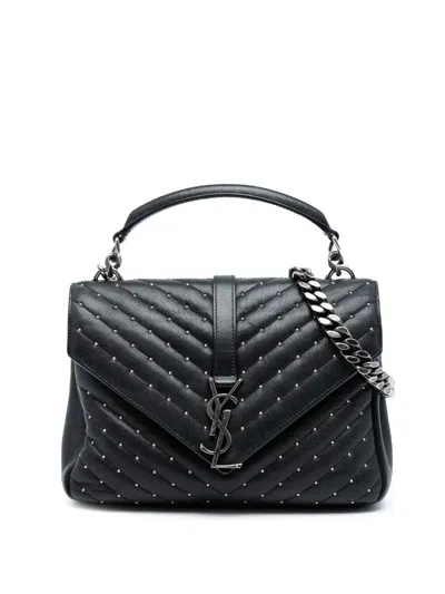 Pre-owned Saint Laurent 2016 Medium Quilted Chevron Studded Sheepskin College Satchel In Black