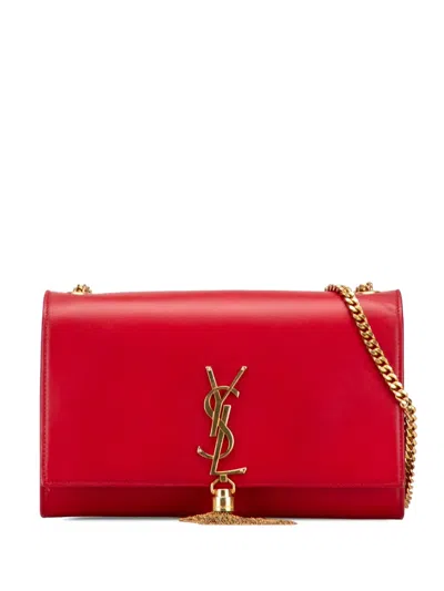 Pre-owned Saint Laurent 2016 Medium Smooth Calfskin Classic Monogram Kate Tassel Crossbody Bag In Red