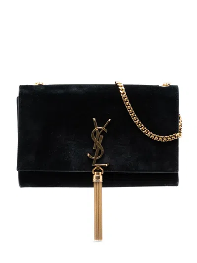 Pre-owned Saint Laurent 2016 Medium Suede Monogram Kate Tassel Crossbody Bag In Black