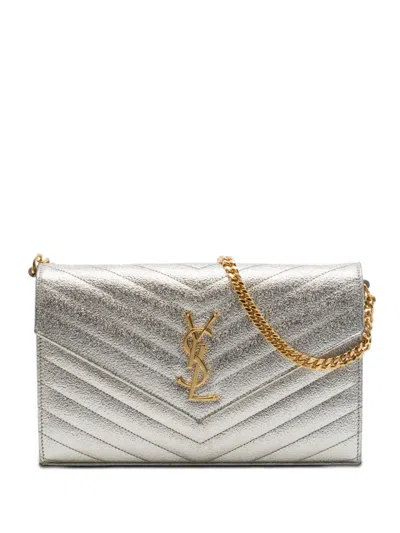 Pre-owned Saint Laurent 2016 Metallic Grain De Poudre Matelasse Chevron Monogram Chain Wallet Crossbody Bag In Gold