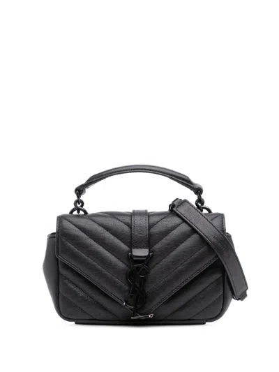 Pre-owned Saint Laurent 2016 Mini Chevron Sheepskin Monogram College Satchel In Black
