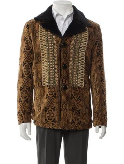 Pre-owned Saint Laurent 2016 'palladium' Canadian Tapestry Moto Jacket In Brown