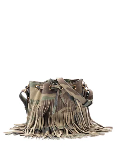 Pre-owned Saint Laurent 2016 Small Camouflage Print Suede Emmanuelle Fringe Bucket Bag In Brown