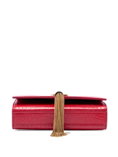 Pre-owned Saint Laurent 2016 Small Croc Embossed Leather Kate Tassel Crossbody Bag In Red