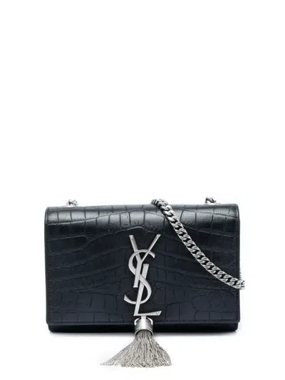 Pre-owned Saint Laurent 2016 Small Croc Embossed Leather Monogram Kate Tassel Crossbody Bag In Black