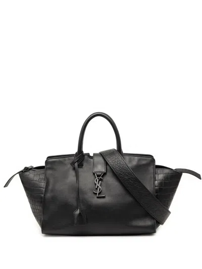 Pre-owned Saint Laurent 2016 Small Croc Embossed Trimmed Leather Downtown Cabas Satchel In Black