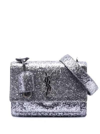 Pre-owned Saint Laurent 2016 Small Glitter Leather Monogram Sunset Crossbody Bag In Silver