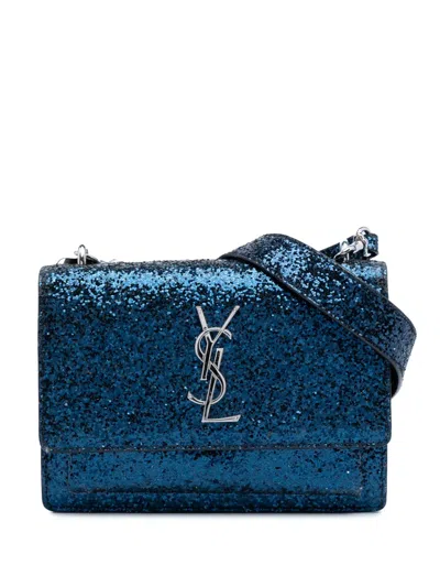 Pre-owned Saint Laurent 2016 Small Glittered Leather Monogram Sunset Crossbody Bag In Blue
