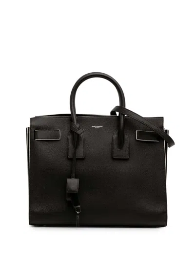 Pre-owned Saint Laurent 2016 Small Grained Calfskin Topstitch Sac De Jour Satchel In Black