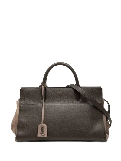 Pre-owned Saint Laurent 2016 Small Leather And Suede Rive Gauche Cabas Tote Satchel In Brown