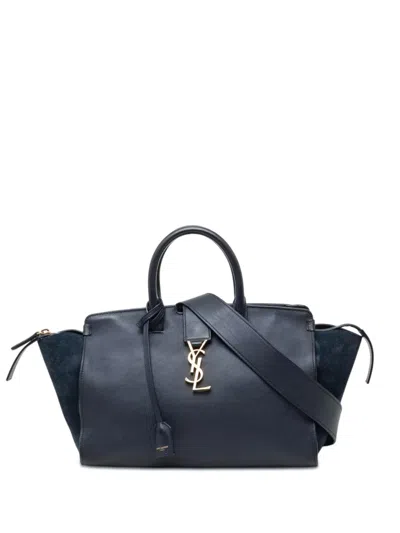 Pre-owned Saint Laurent 2016 Small Suede Trimmed Calfskin Downtown Cabas Satchel In Blue