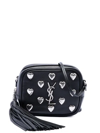 Pre-owned Saint Laurent 2016 Studded Calfskin Monogram Heart Blogger Crossbody Bag In Black