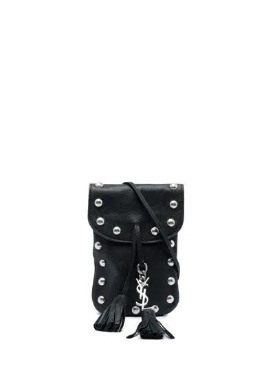 Pre-owned Saint Laurent 2016 Studded Leather Phone Pouch Crossbody Bag In Black