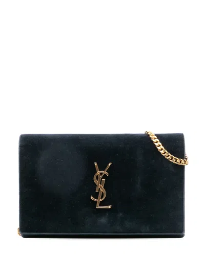Pre-owned Saint Laurent 2016 Suede Monogram Kate Chain Wallet Crossbody Bag In Green