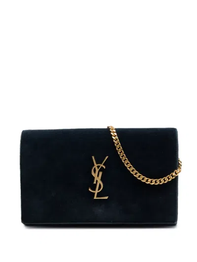 Pre-owned Saint Laurent 2016 Suede Monogram Kate Chain Wallet Crossbody Bag In Green