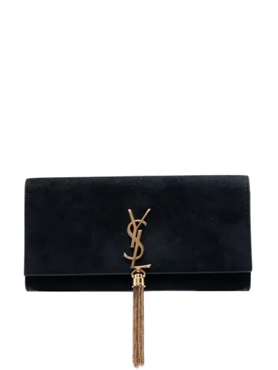 Pre-owned Saint Laurent 2016 Suede Monogram Kate Tassel Clutch Bag In Black