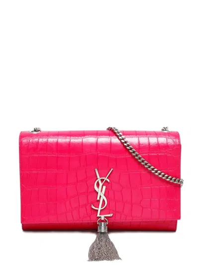 Pre-owned Saint Laurent 2016s Crocodile-embossed Tassel Shoulder Bag In Pink