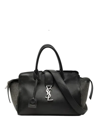 Pre-owned Saint Laurent 2017 Baby Studded Leather Monogram Downtown Cabas Satchel In Black