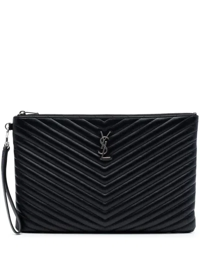 Pre-owned Saint Laurent 2017 Chevron Calfskin Cassandre Document Holder Clutch Bag In Black