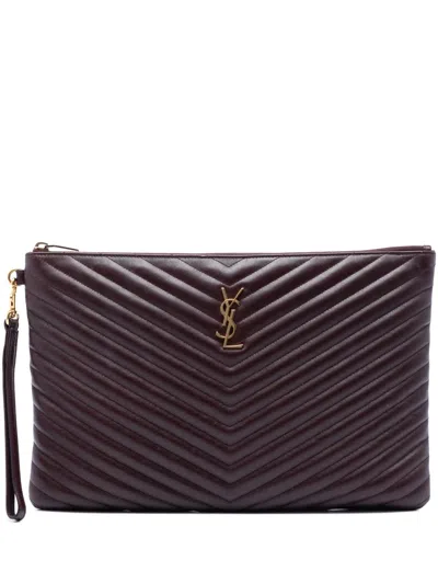 Pre-owned Saint Laurent 2017 Chevron Calfskin Cassandre Document Holder Clutch Bag In Red