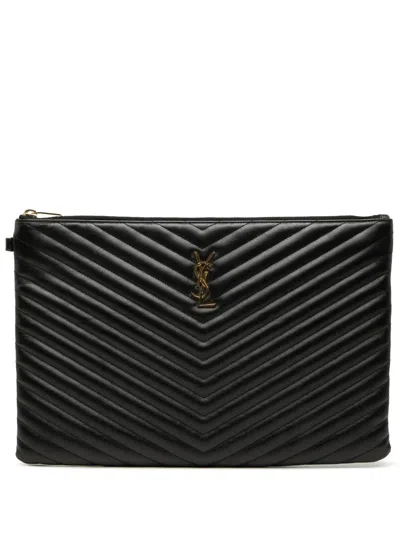 Pre-owned Saint Laurent 2017 Chevron Leather Monogram Document Holder Clutch Bag In Black
