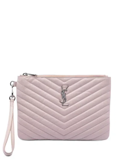 Pre-owned Saint Laurent 2017 Chevron Leather Monogram Zip A5 Wristlet Pouch Clutch Bag In Neutral