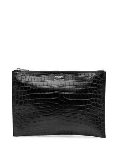 Pre-owned Saint Laurent 2017 Croc Embossed Leather Clutch Bag
