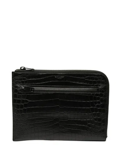 Pre-owned Saint Laurent 2017 Croc Embossed Leather Clutch Bag In Black
