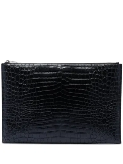 Pre-owned Saint Laurent 2017 Croc Embossed Leather Document Holder Clutch Bag In Black