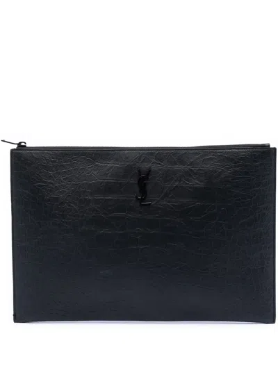 Pre-owned Saint Laurent 2017 Croc Embossed Leather Monogram Clutch Bag In Black