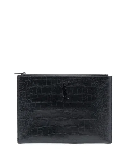 Pre-owned Saint Laurent 2017 Croc Embossed Leather Monogram Document Holder Clutch Bag In Black