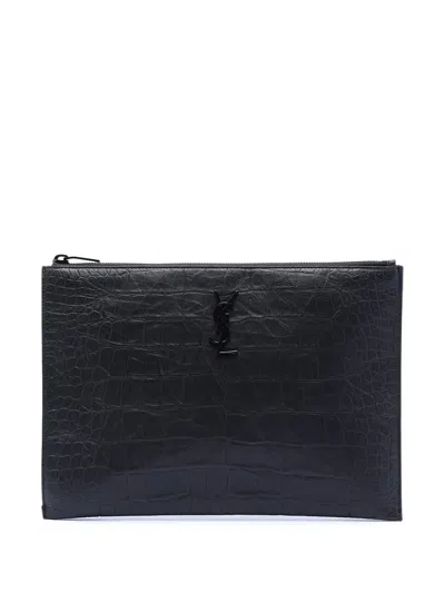 Pre-owned Saint Laurent 2017 Croc Embossed Leather Monogram Document Holder Clutch Bag In Black