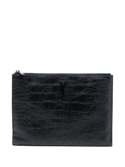 Pre-owned Saint Laurent 2017 Croc Embossed Leather Monogram Document Holder Clutch Bag In Black