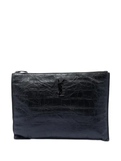 Pre-owned Saint Laurent 2017 Croc Embossed Leather Monogram Document Holder Clutch Bag In Black