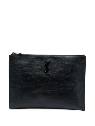 Pre-owned Saint Laurent 2017 Croc Embossed Leather Monogram Ipad Case Clutch Bag In Black