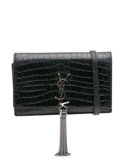 Pre-owned Saint Laurent 2017 Croc Embossed Leather Monogram Kate Tassel Wallet On Chain Crossbody Bag In Black