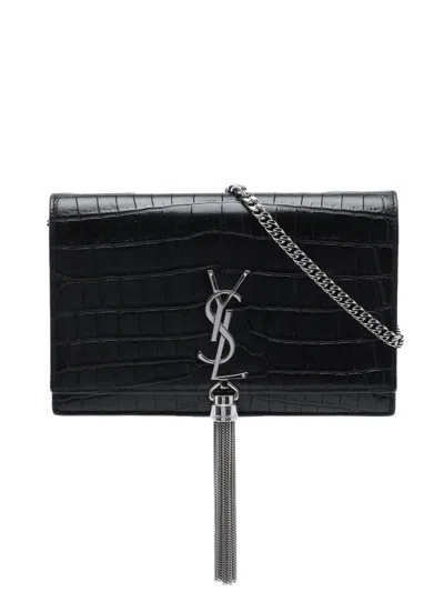 Pre-owned Saint Laurent 2017 Croc Embossed Leather Monogram Kate Tassel Wallet On Chain Crossbody Bag In Black