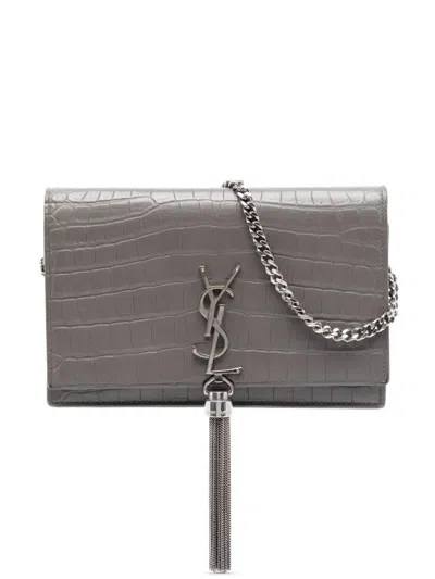 Pre-owned Saint Laurent 2017 Croc Embossed Leather Monogram Kate Tassel Wallet On Chain Crossbody Bag In Gray
