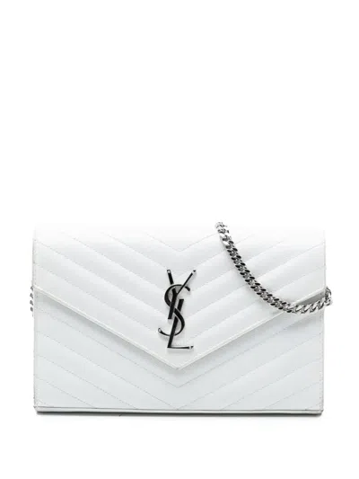 Pre-owned Saint Laurent 2017 Grain De Poudre Cassandre Chain Wallet Crossbody Bag In White