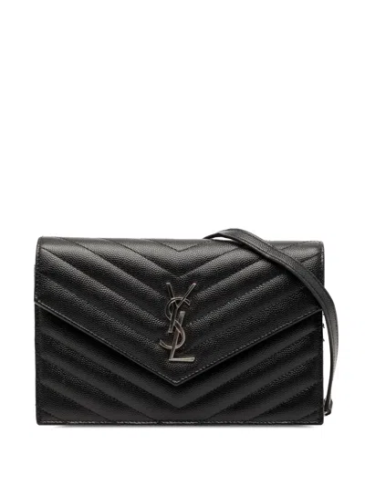 Pre-owned Saint Laurent 2017 Grain De Poudre Cassandre Envelope Chain Wallet Crossbody Bag In Black