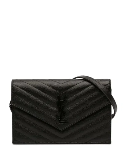 Pre-owned Saint Laurent 2017 Grain De Poudre Cassandre Monochrome Envelope Chain Wallet Crossbody Bag In Black