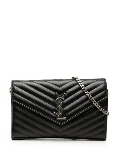 Pre-owned Saint Laurent 2017 Grain De Poudre Chevron Monogram Envelope Chain Wallet Crossbody Bag In Black