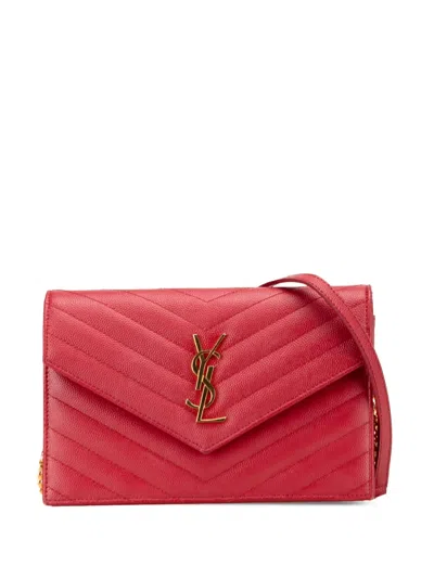 Pre-owned Saint Laurent 2017 Grain De Poudre Chevron Monogram Envelope Wallet On Chain Crossbody Bag In Red